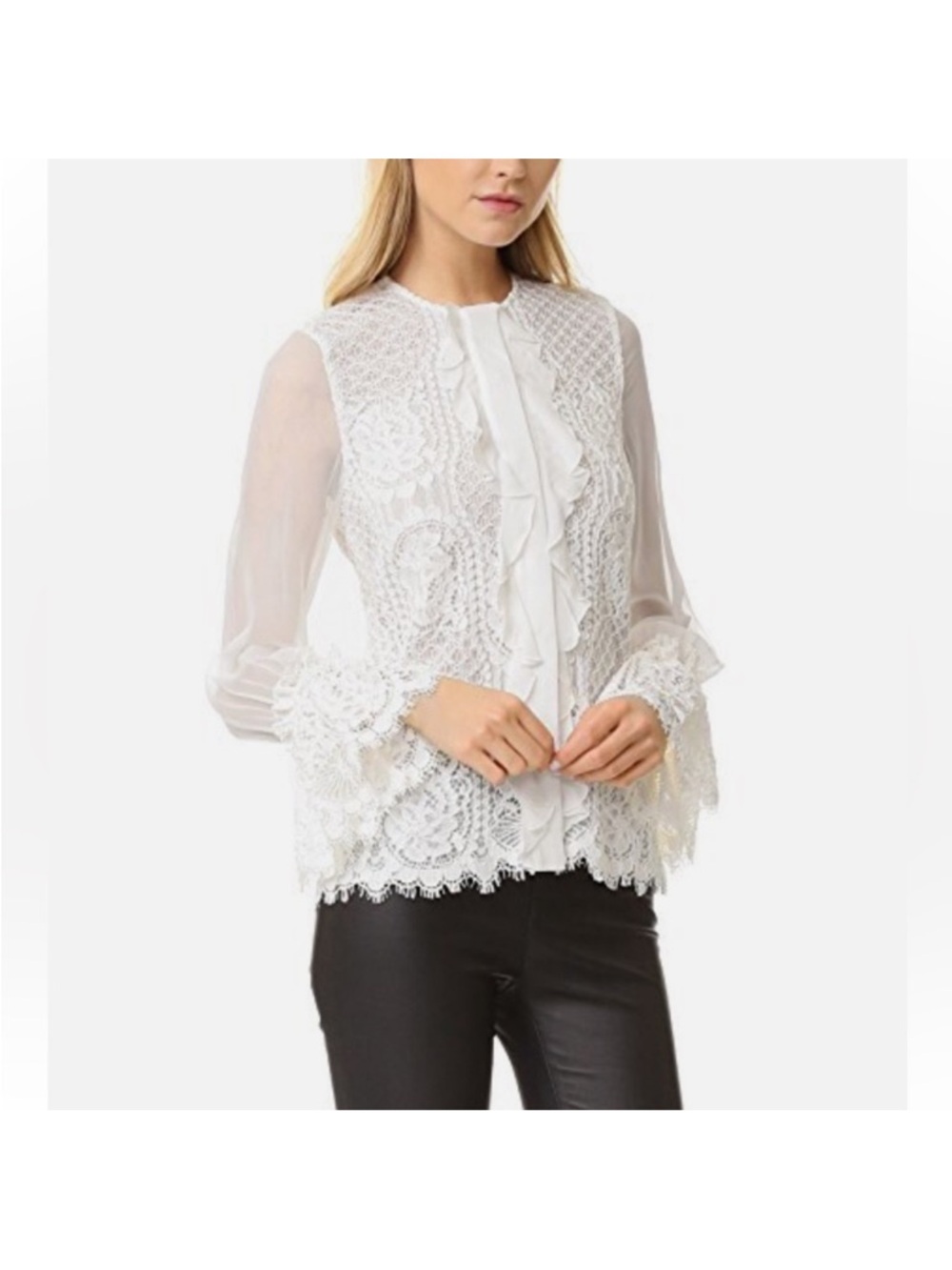 Alexis Cima Ivory Lace Button Up Blouse Bell Sleeve size S .